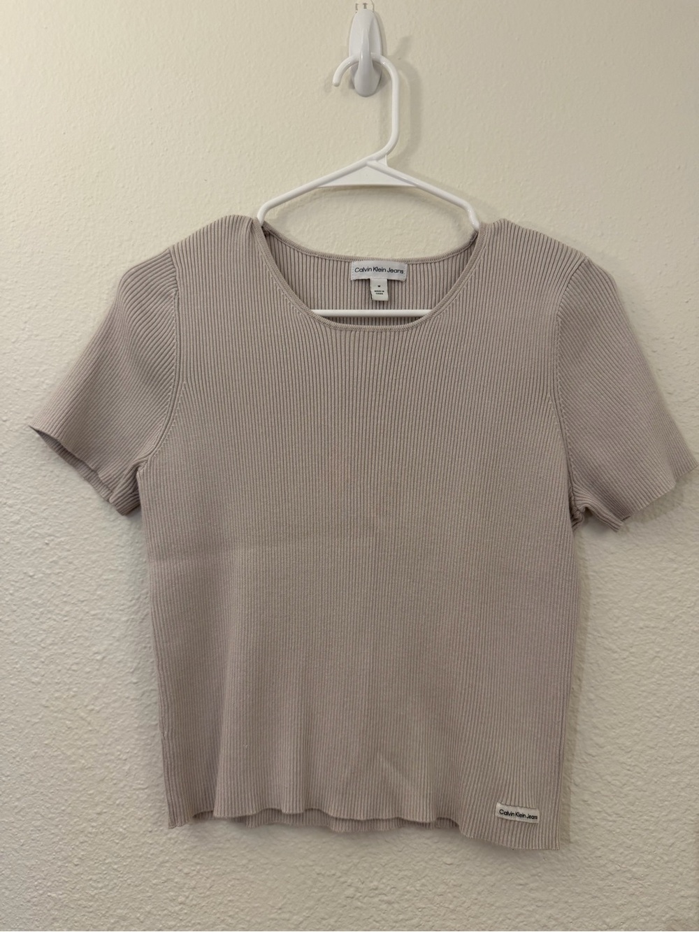 Calvin Klein Ribbed Short Sleeve Top - Light Taupe